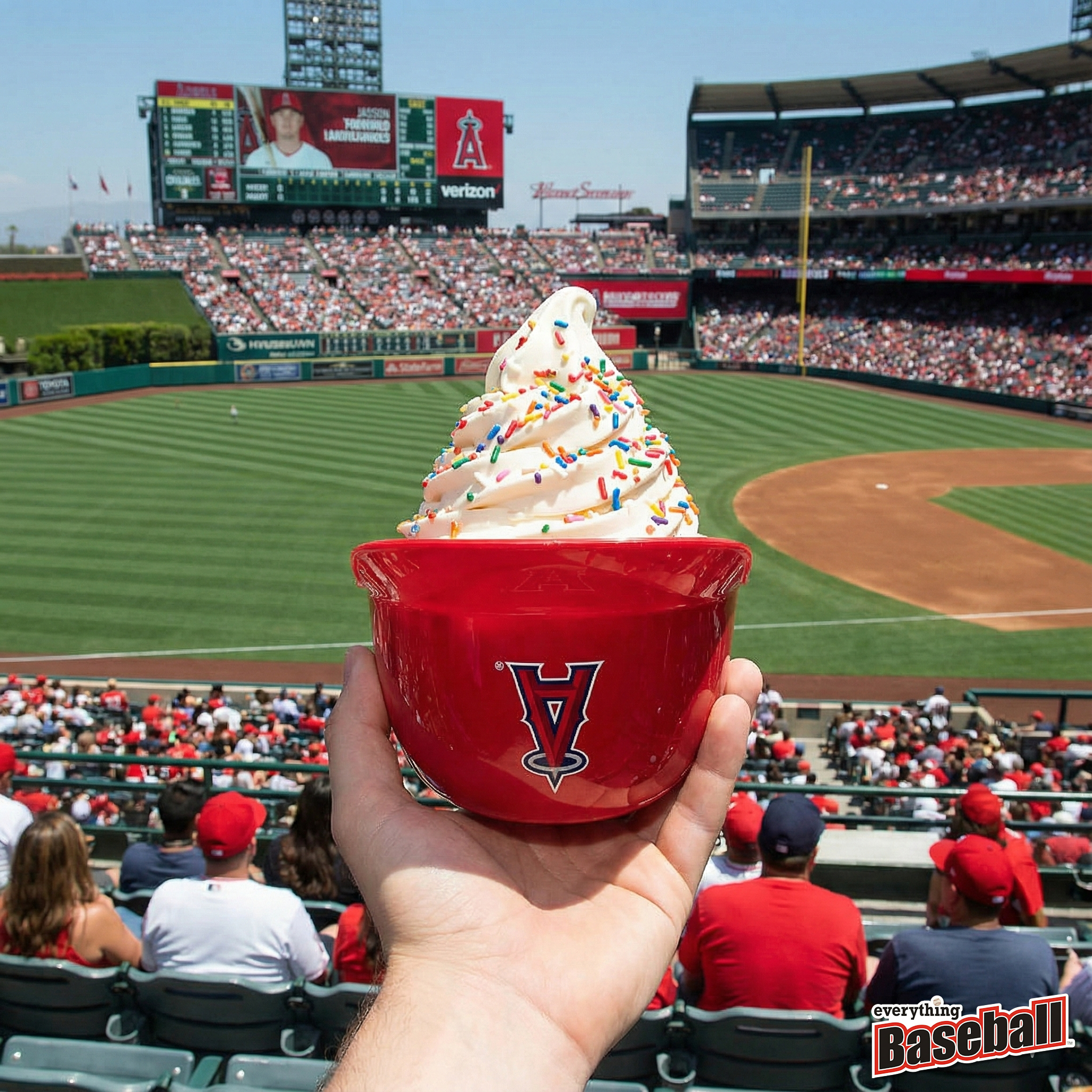 Red Los Angeles Angels helmet bowl with ice cream at a baseball stadium