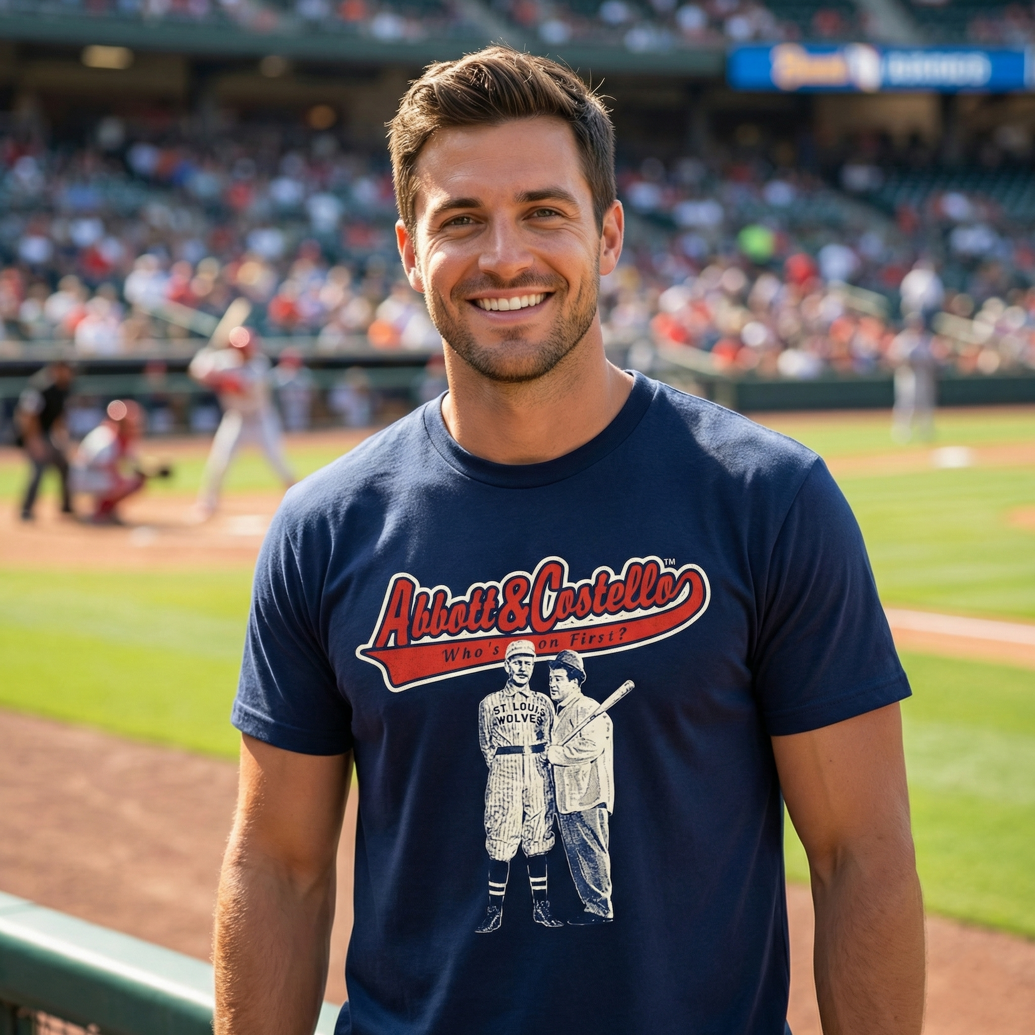Man wearing a navy blue Abbott and Costello t-shirt with a graphic design on a baseball field
