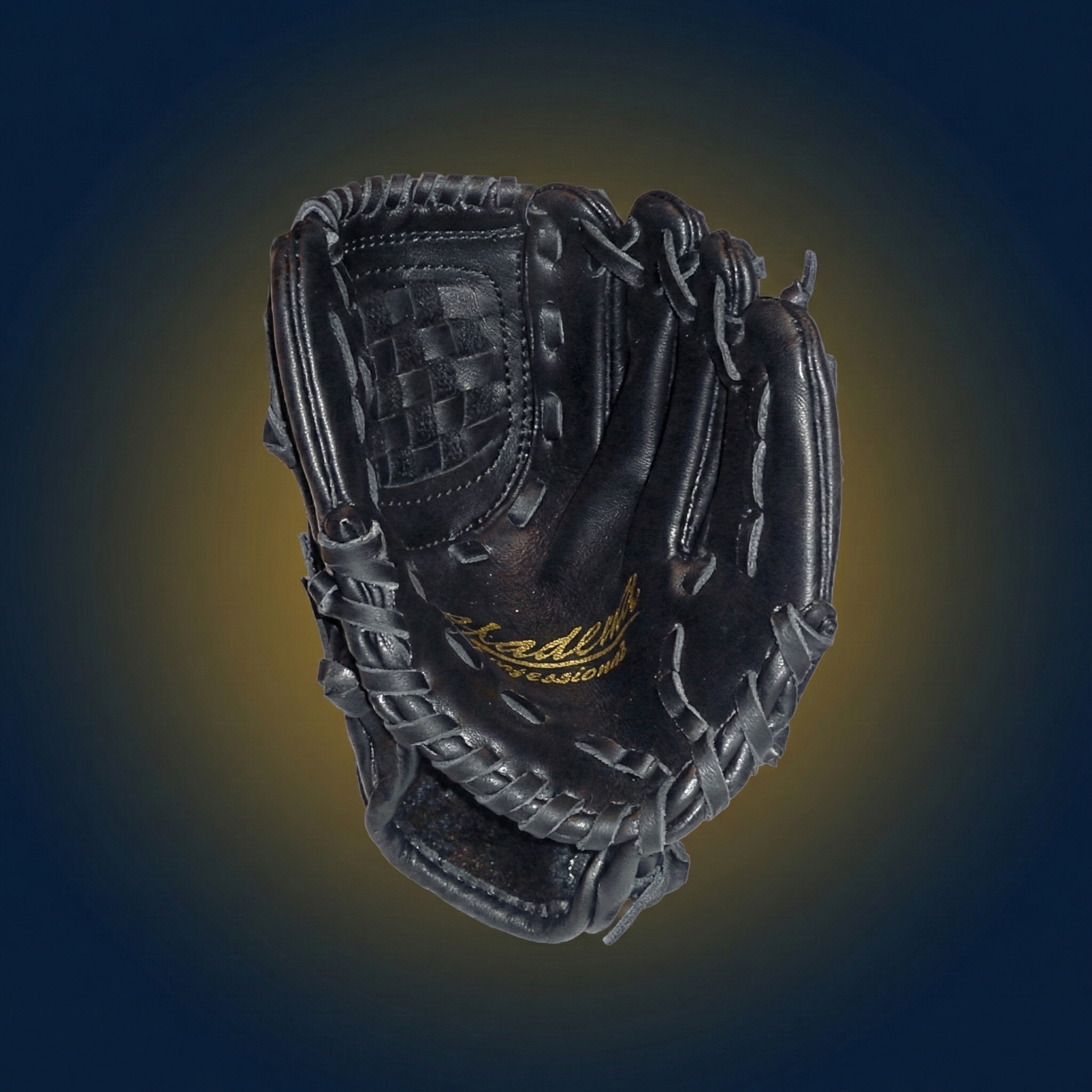 Black mini baseball glove with Akadema branding on a gradient background