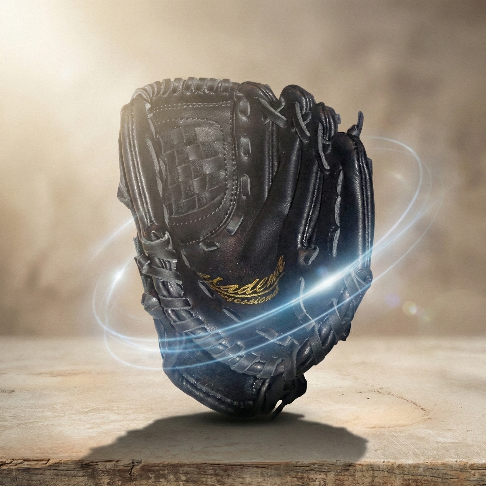Akadema baseball mini glove on a wooden surface with a glowing effect
