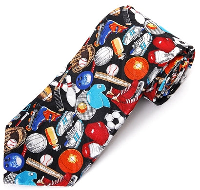 Colorful tie with sports-themed pattern on a dark background