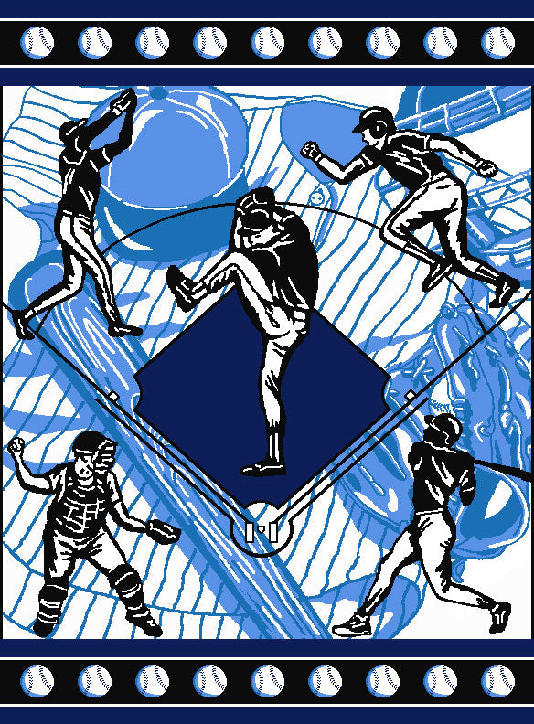 Tapestry throw blanket showing a baseball game in progress with players on a diamond shape.