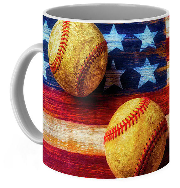 Mug with baseball design featuring an American flag on a white background