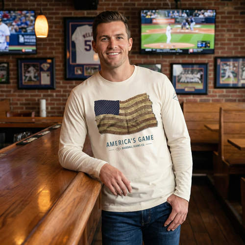 Guy in bar wearing America's Game Baseball Flag T-Shirt