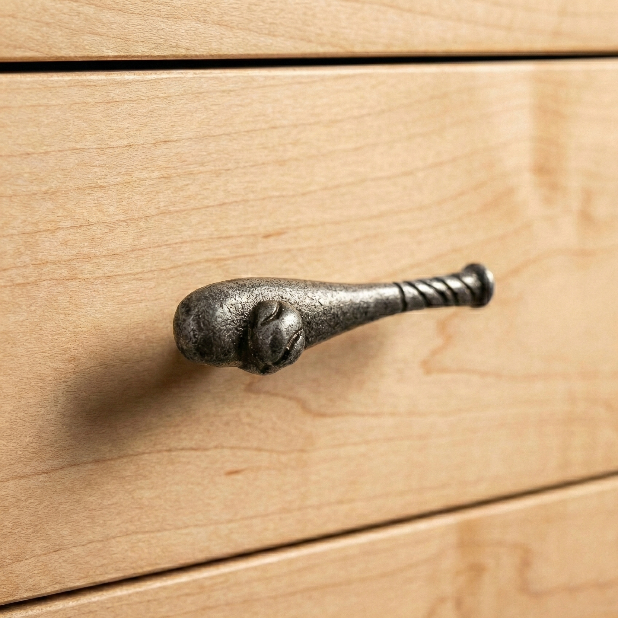 Antique Silver Baseball Bat Drawer Pull Knob on wooden drawer