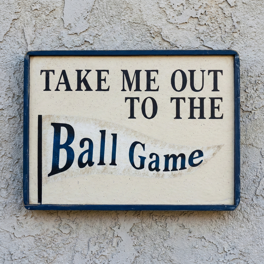Sign with 'Take Me Out to the Ball Game' text on a textured wall.