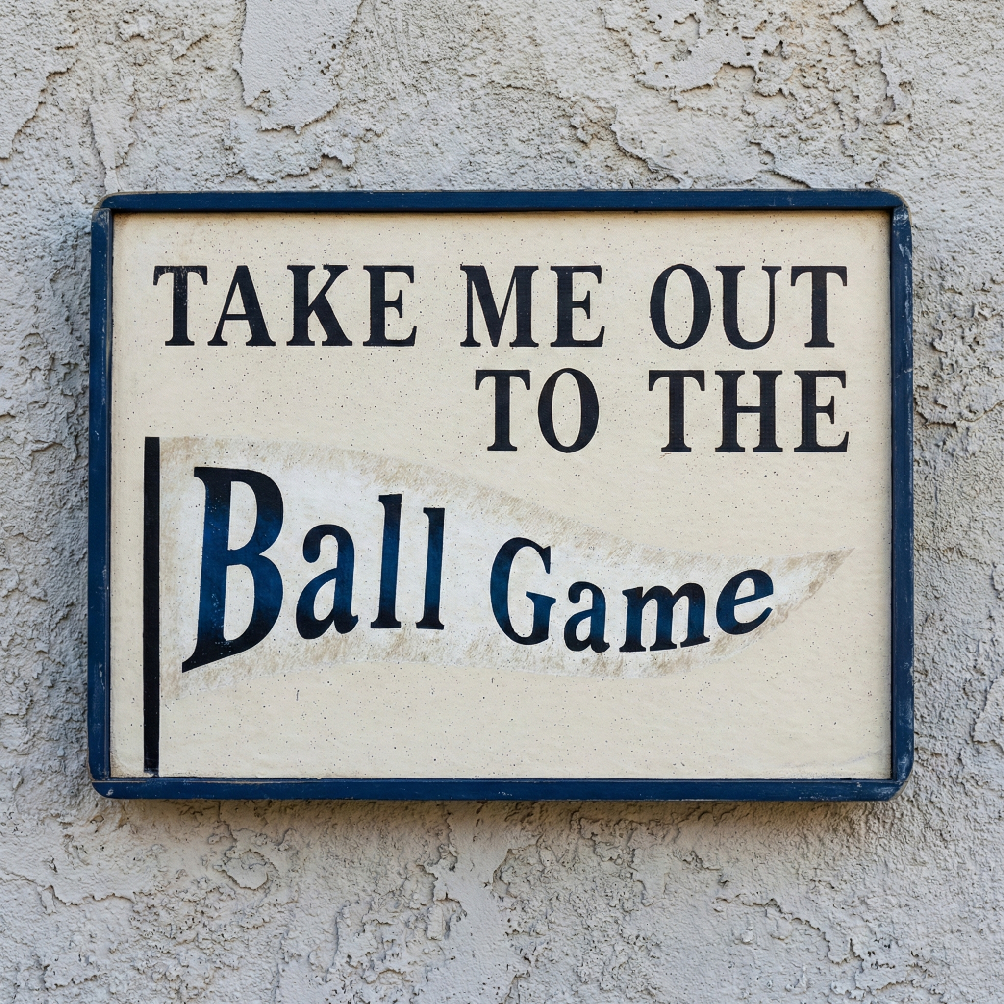 Sign with 'Take Me Out to the Ball Game' text on a textured wall.