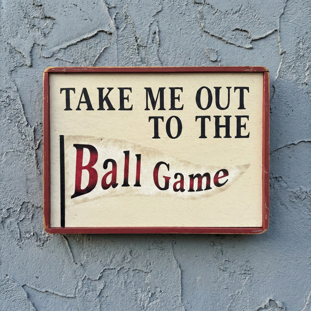 Wooden sign with 'Take Me Out to the Ball Game' text on a textured wall.