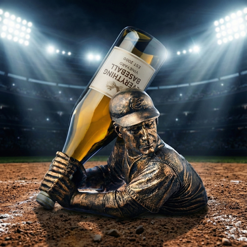 Baltimore Orioles BamVino Baseball Batter Wine Bottle Holder on the field in a baseball stadium. Bam Vino holding Everything Baseball bottle. 