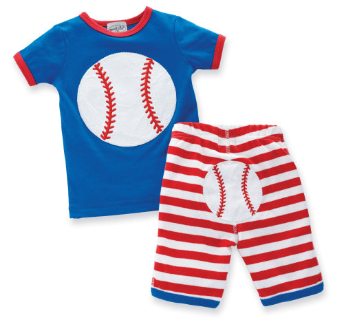 Children's outfit with blue shirt and red and white striped pants featuring a baseball design on a white background.