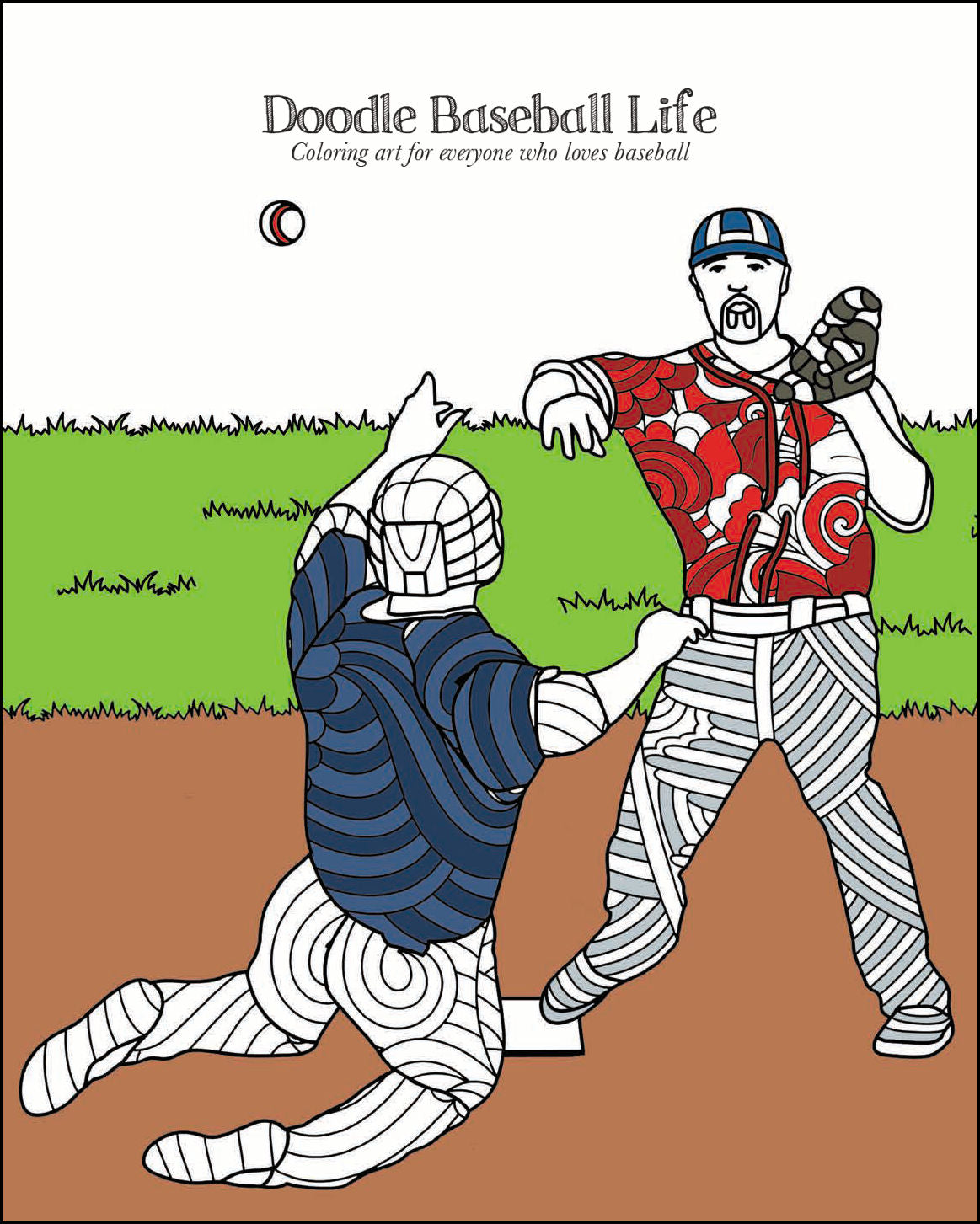 Doodle Baseball Life adult coloring book cover with two baseball players in action on a grassy field.