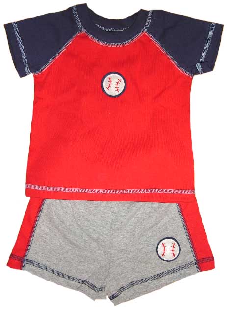 Red and navy shirt with gray shorts featuring a baseball design on a white background