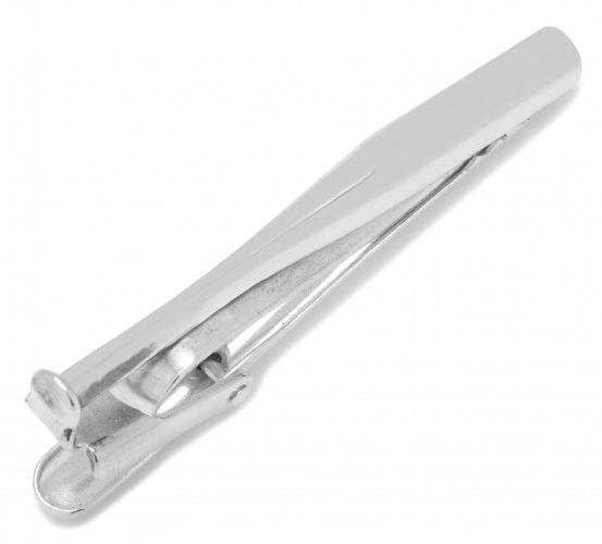 Silver baseball bat tie clip on a white background