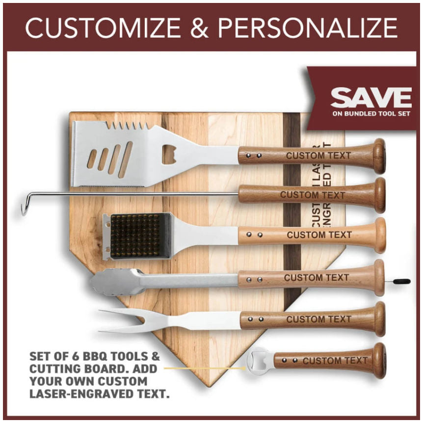 Set of 6 BBQ tools and cutting board with customizable text on a wooden background.