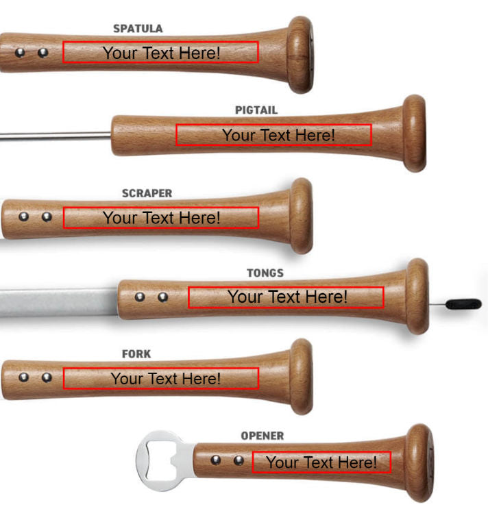 Set of wooden baseball kitchen utensils with customizable text labels on a white background