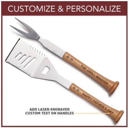 Barbecue utensils with baseball bat wooden handles and engraved text, suitable for Father's Day.
