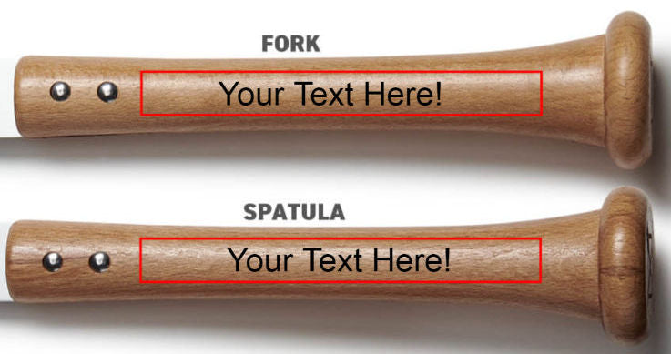 Wooden utensils labeled 'Fork' and 'Spatula' with text boxes for customization on a white background.