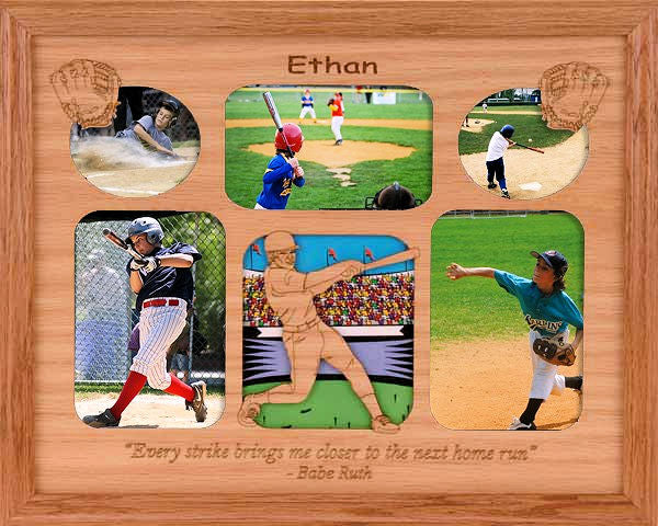 Wooden photo frame with baseball-themed cutouts and a quote by Babe Ruth.