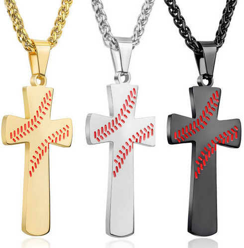 Three cross-shaped necklaces with baseball pattern in gold, silver, and black on a white background.