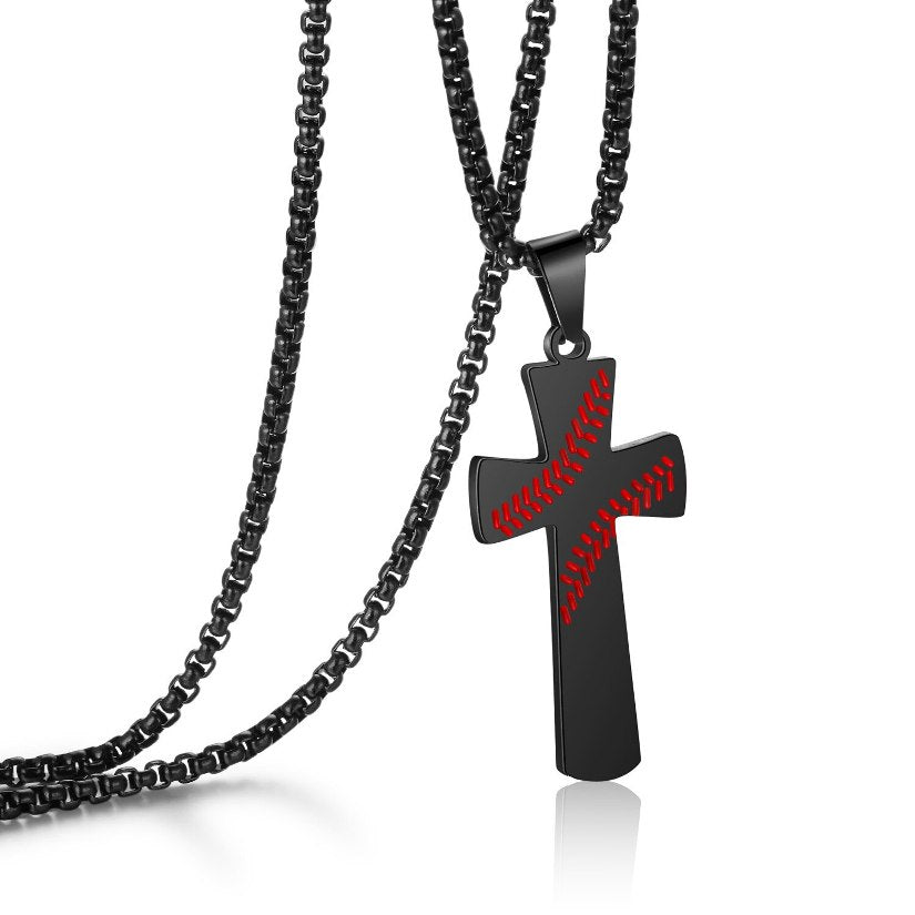 Black cross baseball necklace with red stitching on a white background