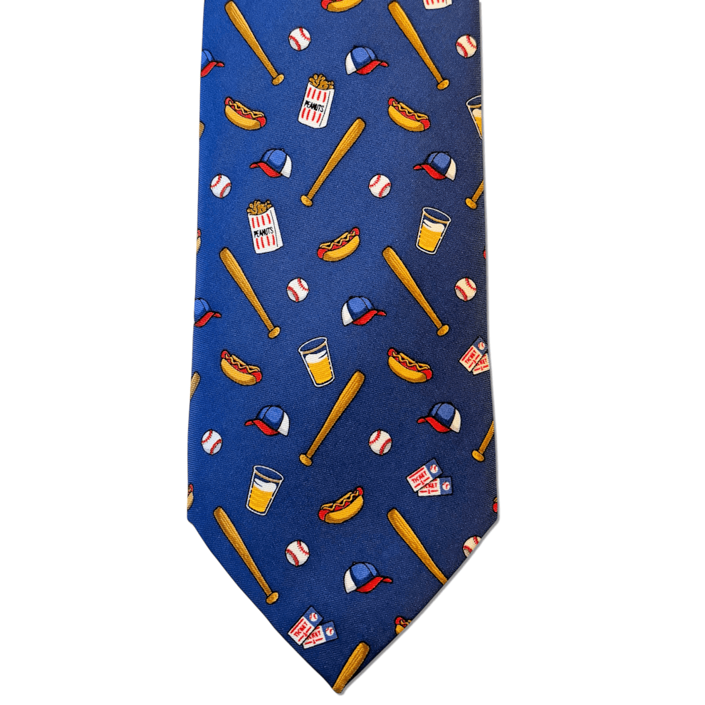 Navy blue tie with baseball-themed pattern on a white background