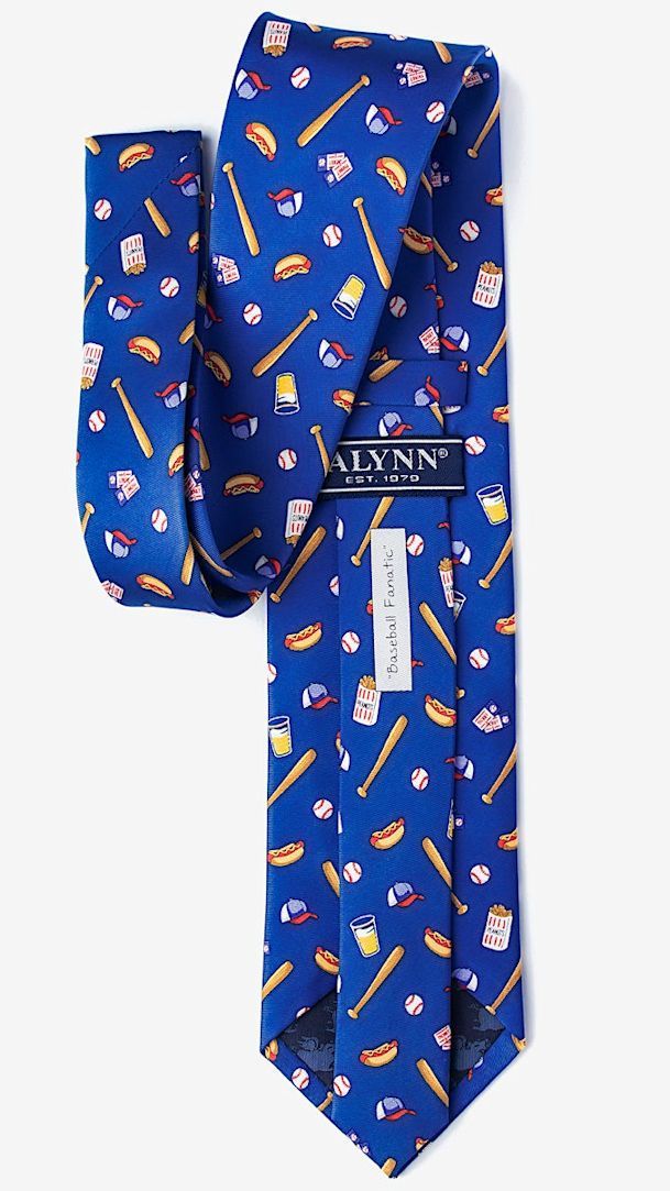 Blue tie with sports-themed pattern on a white background