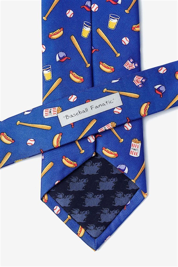 Blue tie with baseball-themed pattern on a white background