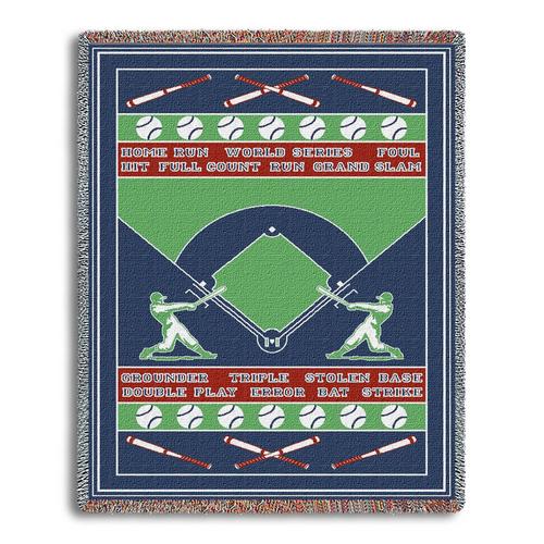 Baseball-themed tapestry throw blanket with graphics and text on a blue background