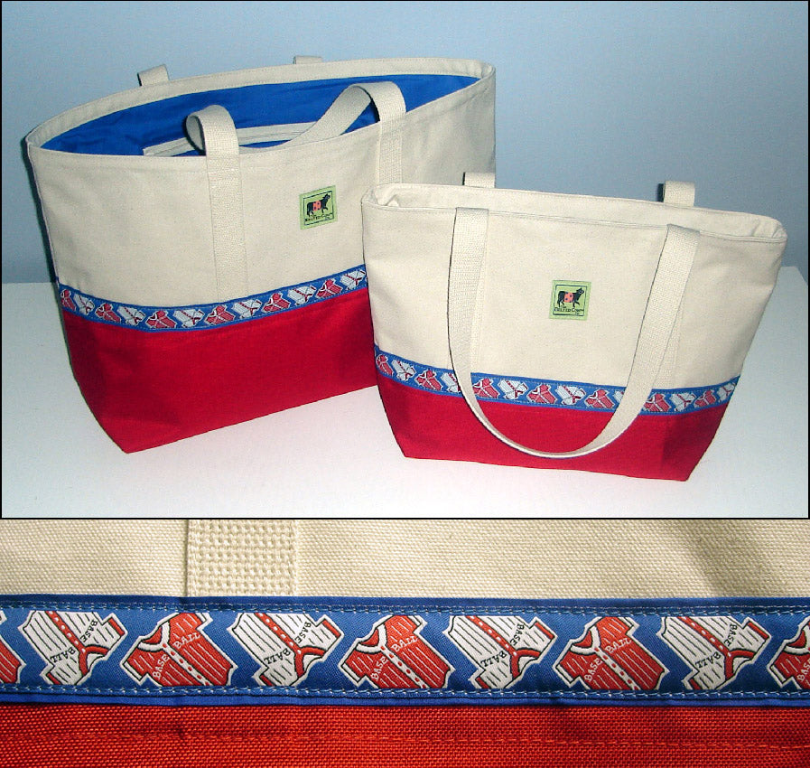Two tote bags with a decorative band featuring baseball jerseys on a light blue background.