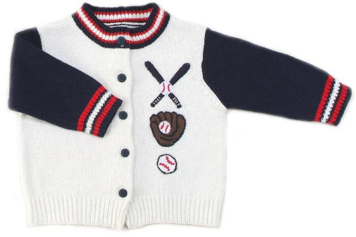 Children's cardigan with baseball-themed design on a white background