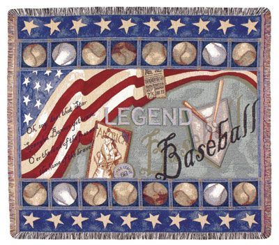 Baseball-themed tapestry throw blanket with American flag, baseballs, and text on a blue background