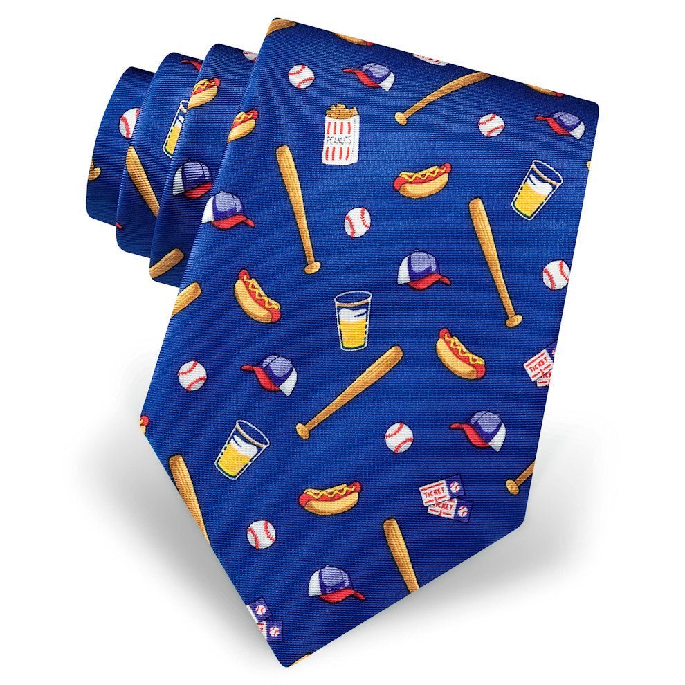 Blue tie with baseball-themed pattern on a white background