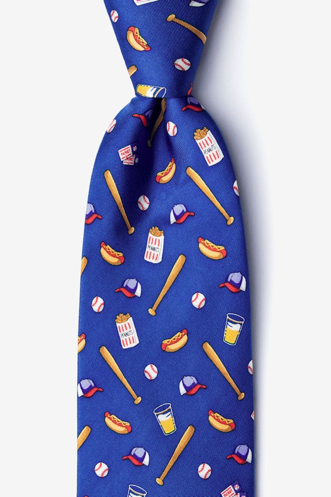 Blue tie with sports-themed pattern on a white background