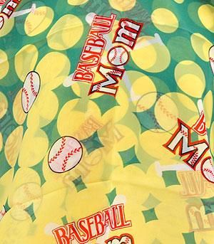 Patterned fabric with baseball-themed design featuring 'Baseball Mom' text and baseball graphics.