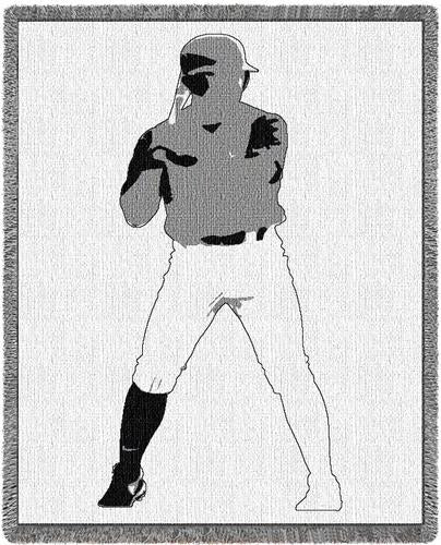 Black and white illustration of a baseball player in a ready stance on a textured gray background.