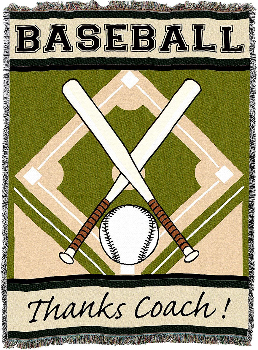 Baseball-themed tapestry throw blanket with crossed bats, baseball, and 'Thanks Coach!' text on a green and beige background.