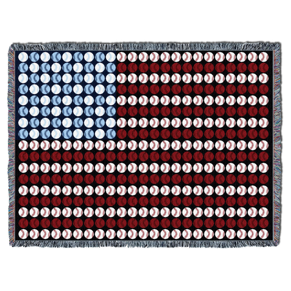 Tapestry throw blanket with American flag pattern made of baseballs on a white background