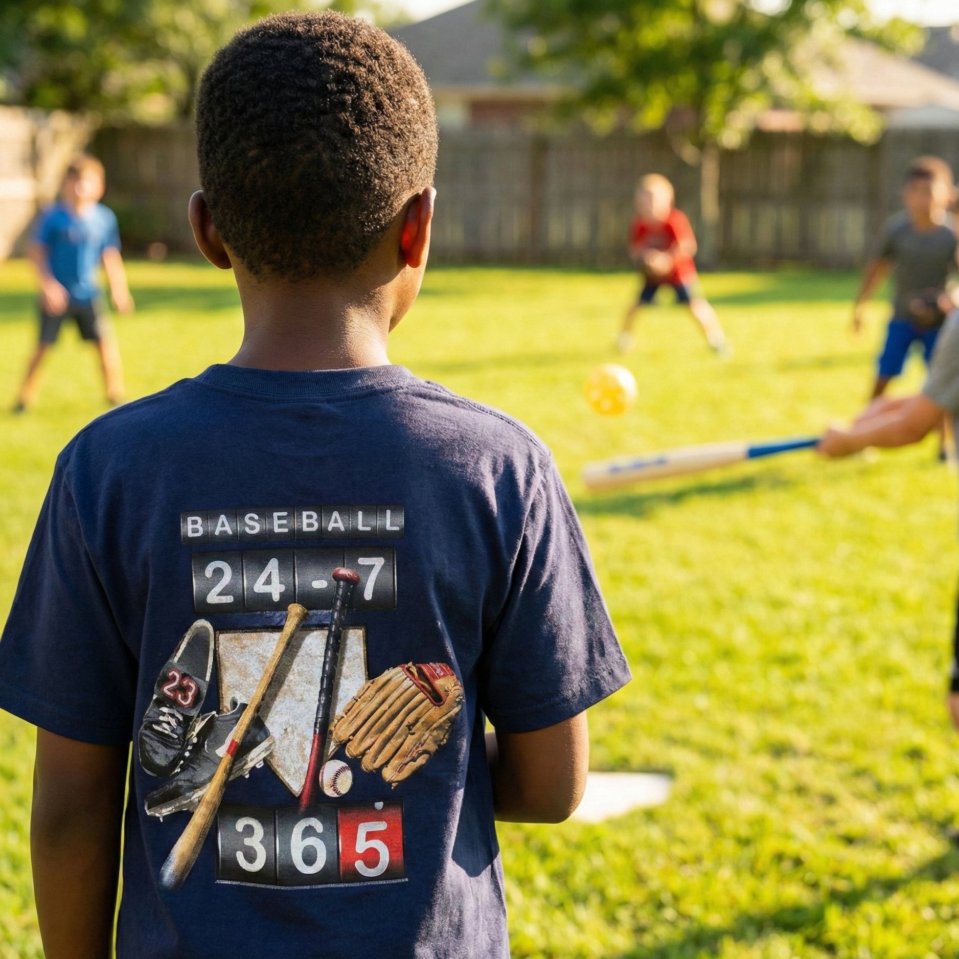 Child wearing a 'Baseball 24/7/365' t-shirt in a backyard whiffle ball game with other children playing.