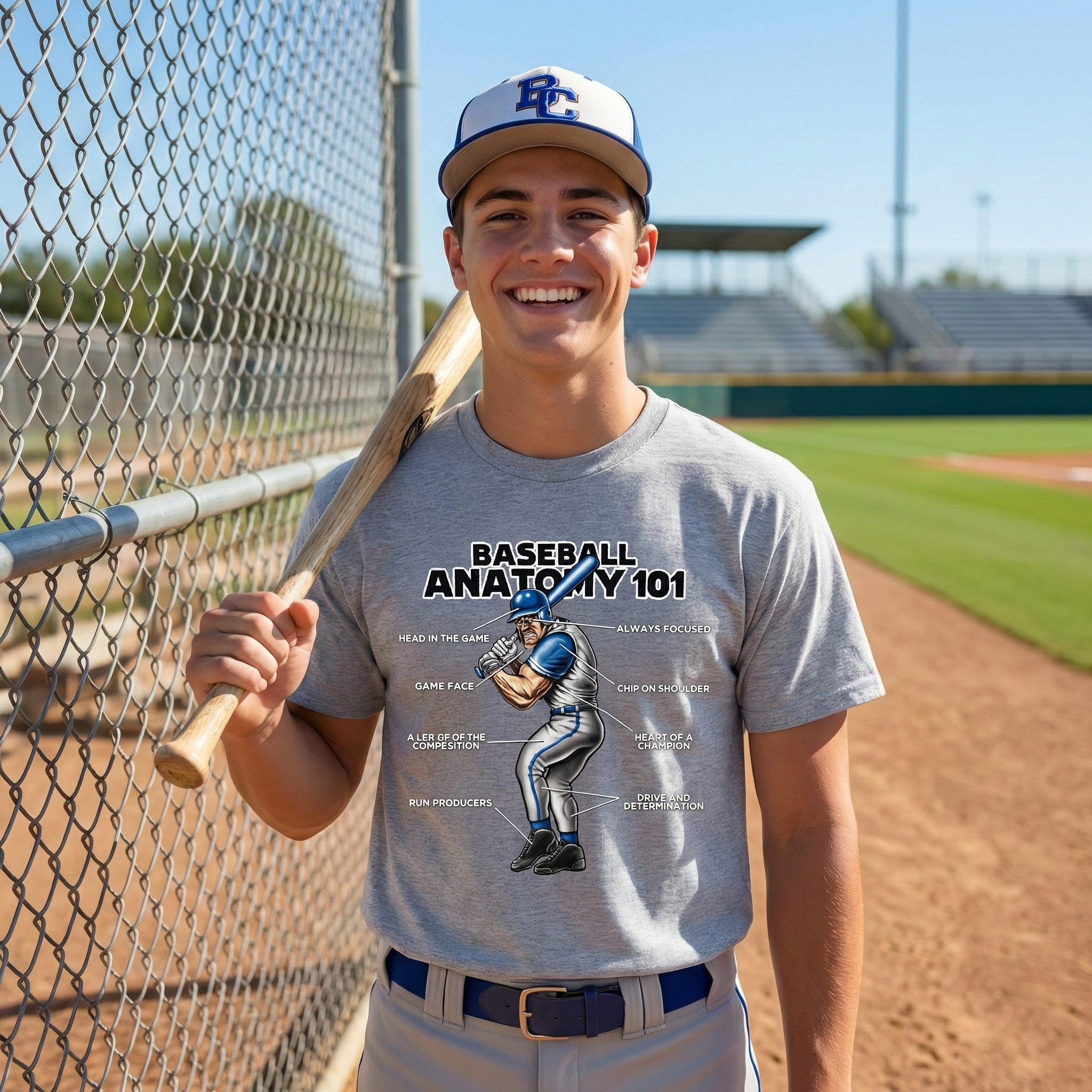Person wearing a 'Baseball Anatomy 101' t-shirt on a baseball field