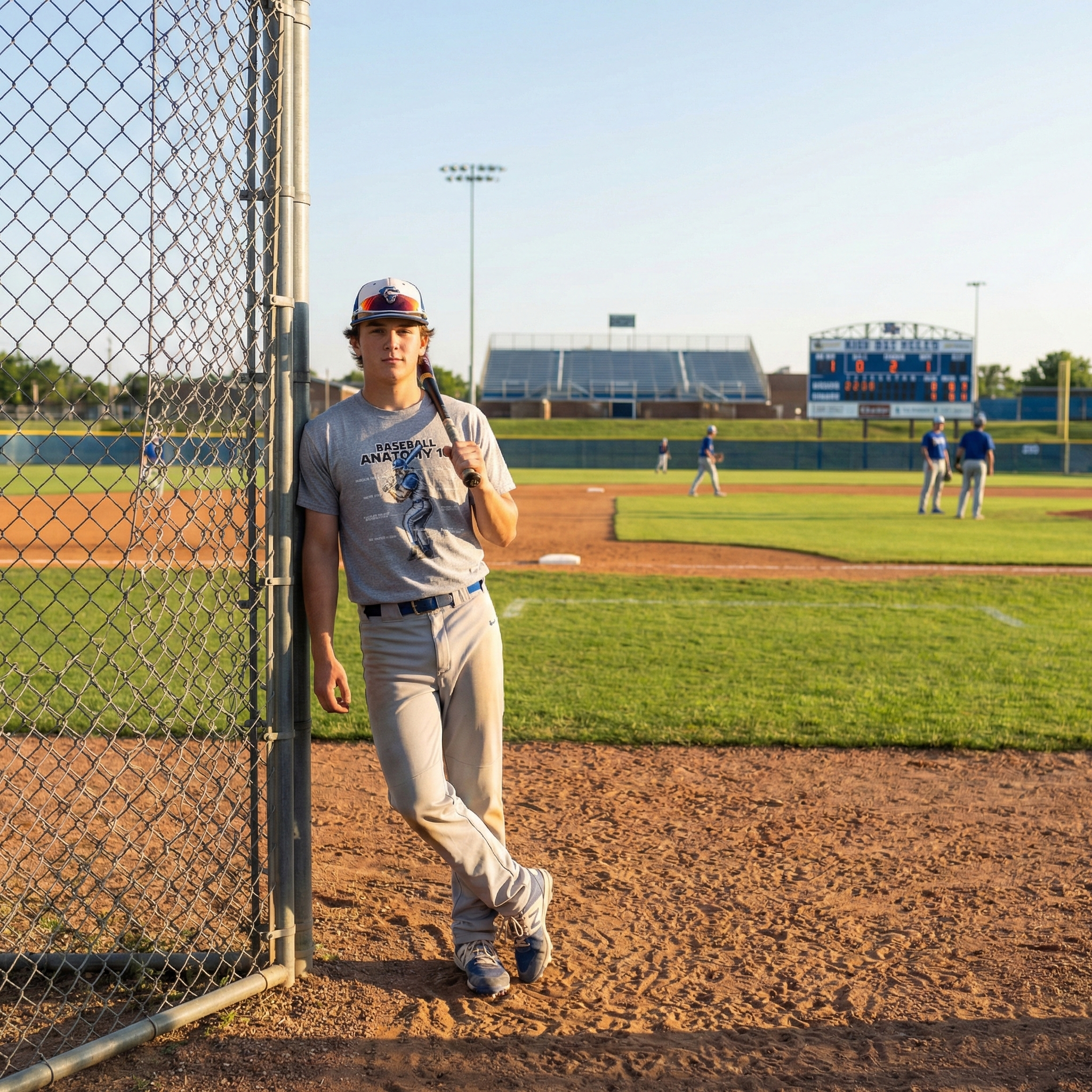 Baseball player leaning against a chain-link fence on a baseball field with other players in the background.
