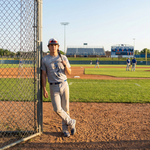 Baseball player leaning against a chain-link fence on a baseball field with other players in the background.