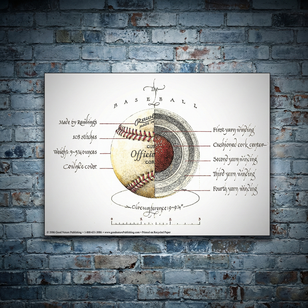 Anatomy of a Baseball diagram of baseball art on a white background with brick wall texture
