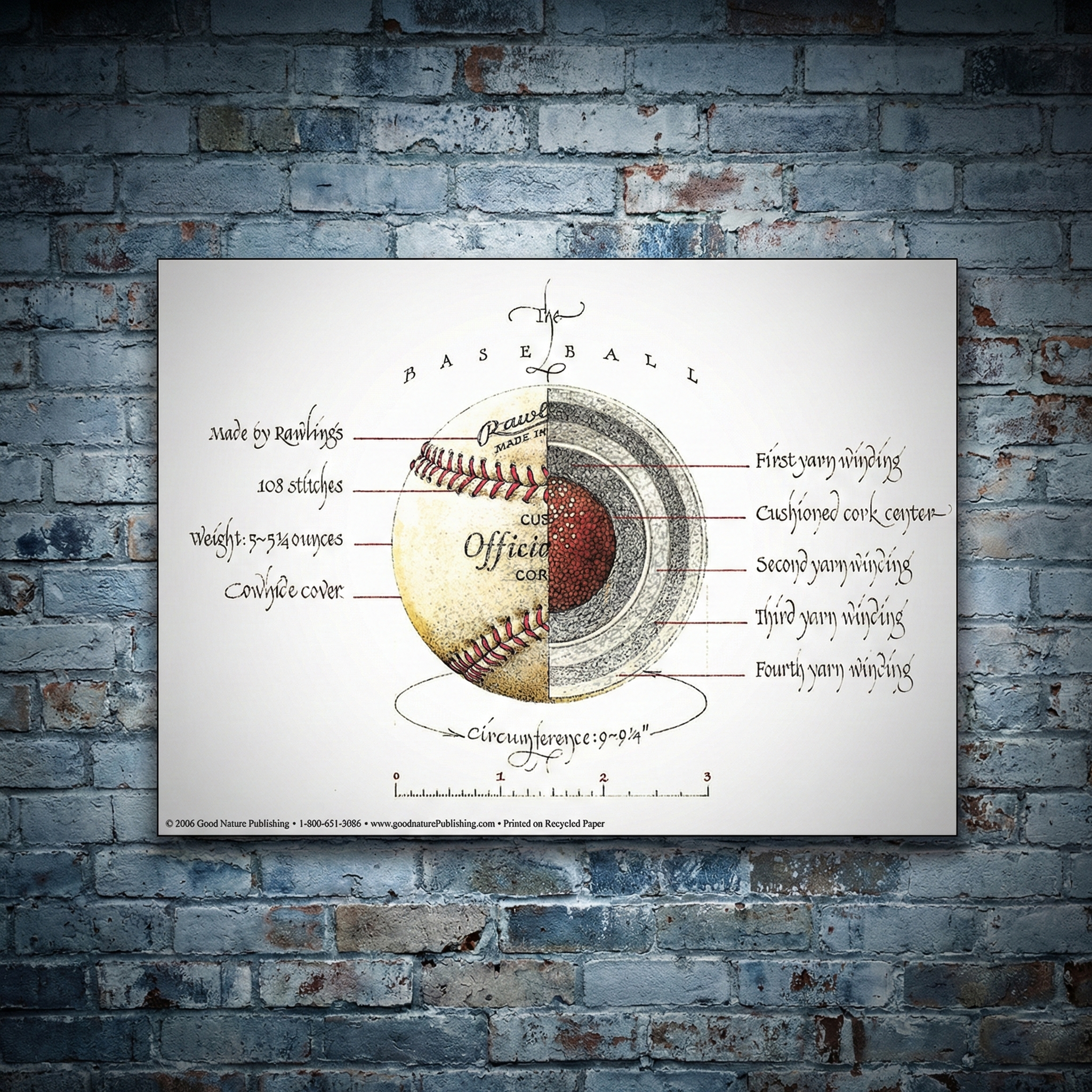 Anatomy of a Baseball diagram of baseball art on a white background with brick wall texture