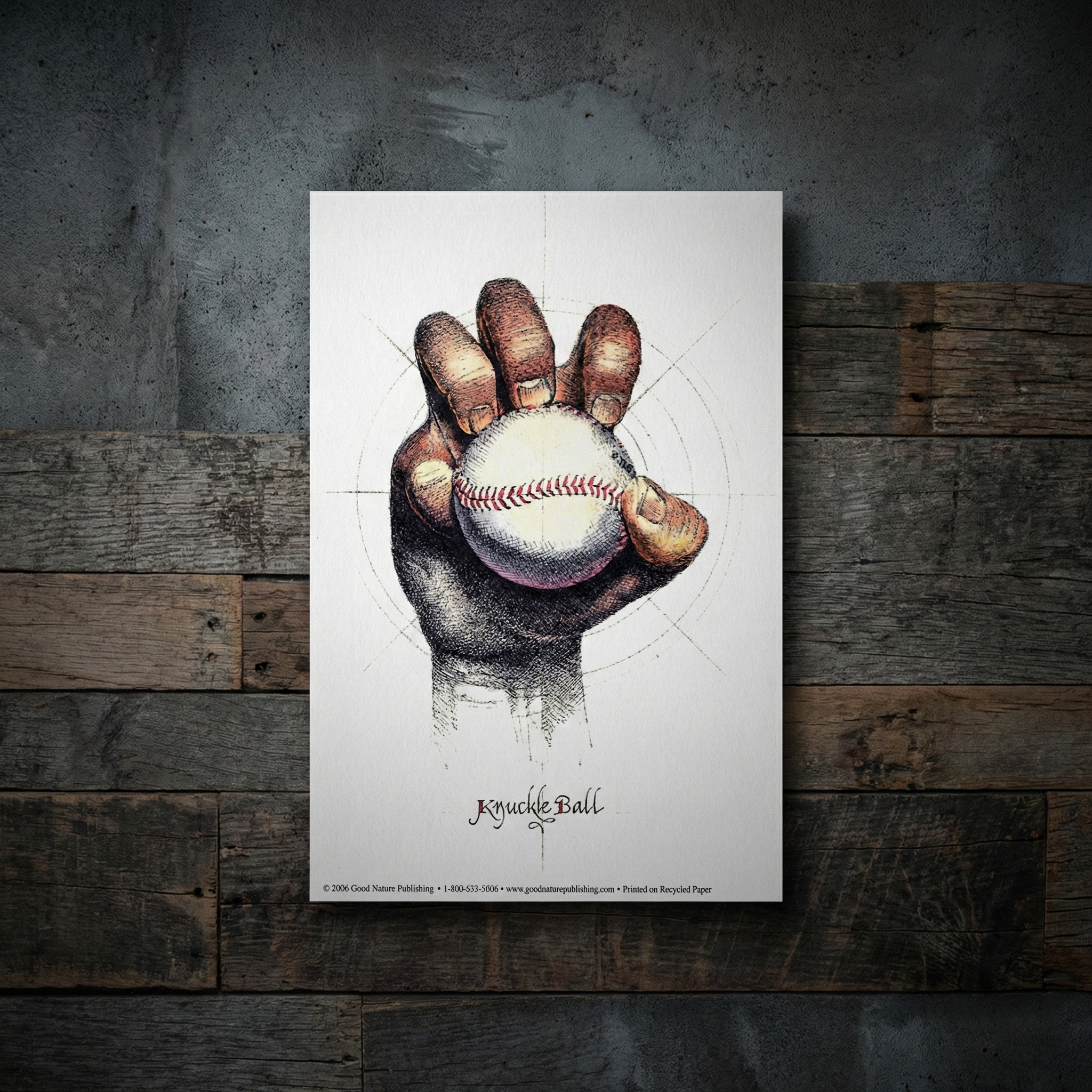 Knuckle Ball baseball art on a wooden surface with a dark background