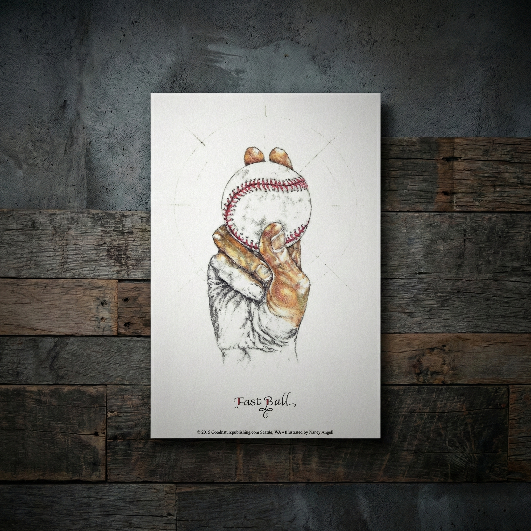 Fast Ball baseball art against a rustic wooden background