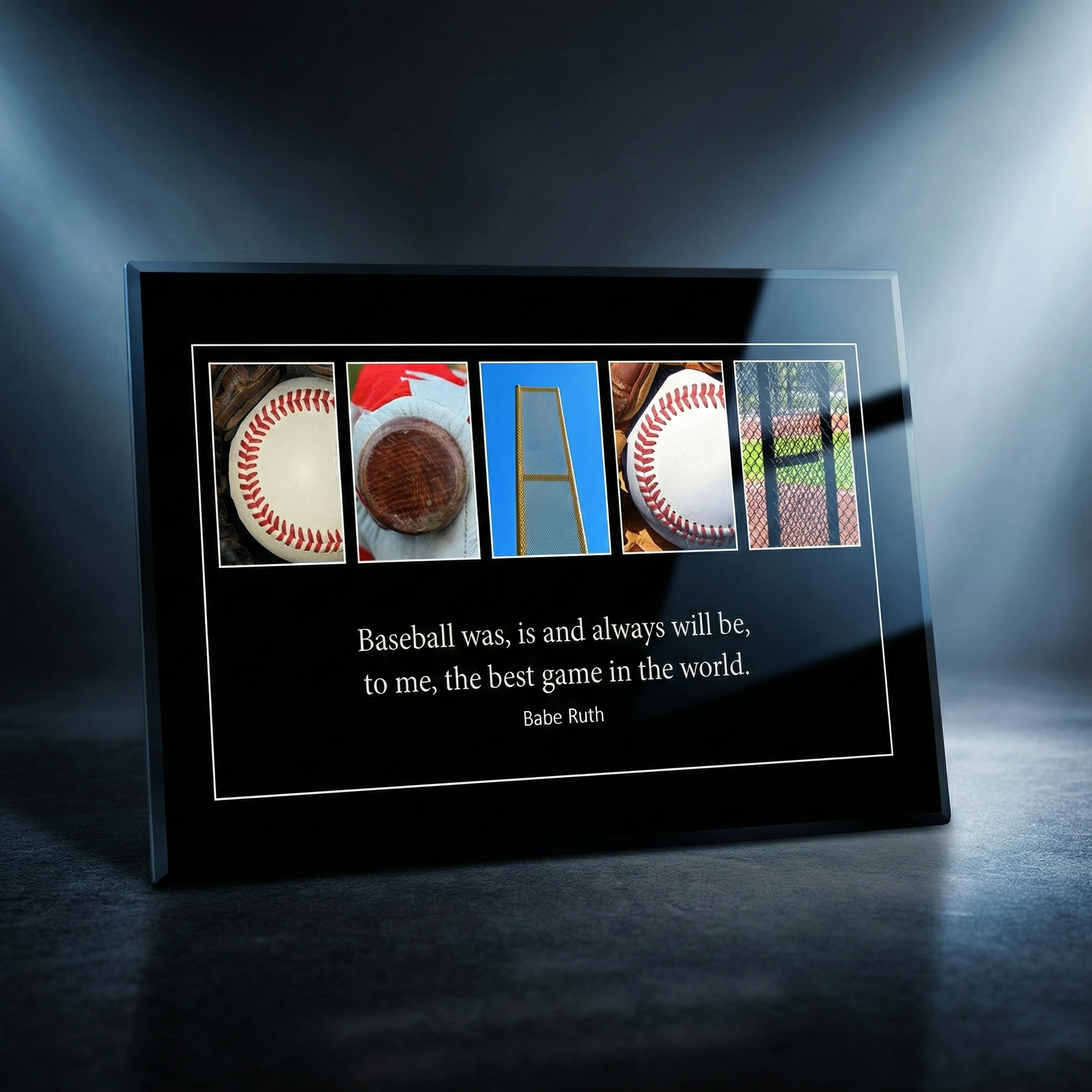 Baseball art COACH plaque with baseball-themed images and Babe Ruth quote on a dark background