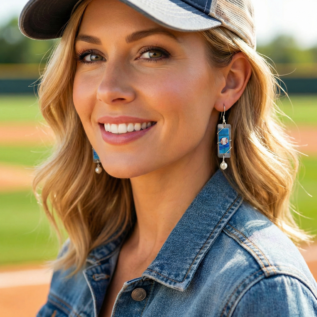 Handmade Baseball Art Dangle Earrings worn by a baseball mom at the ball field