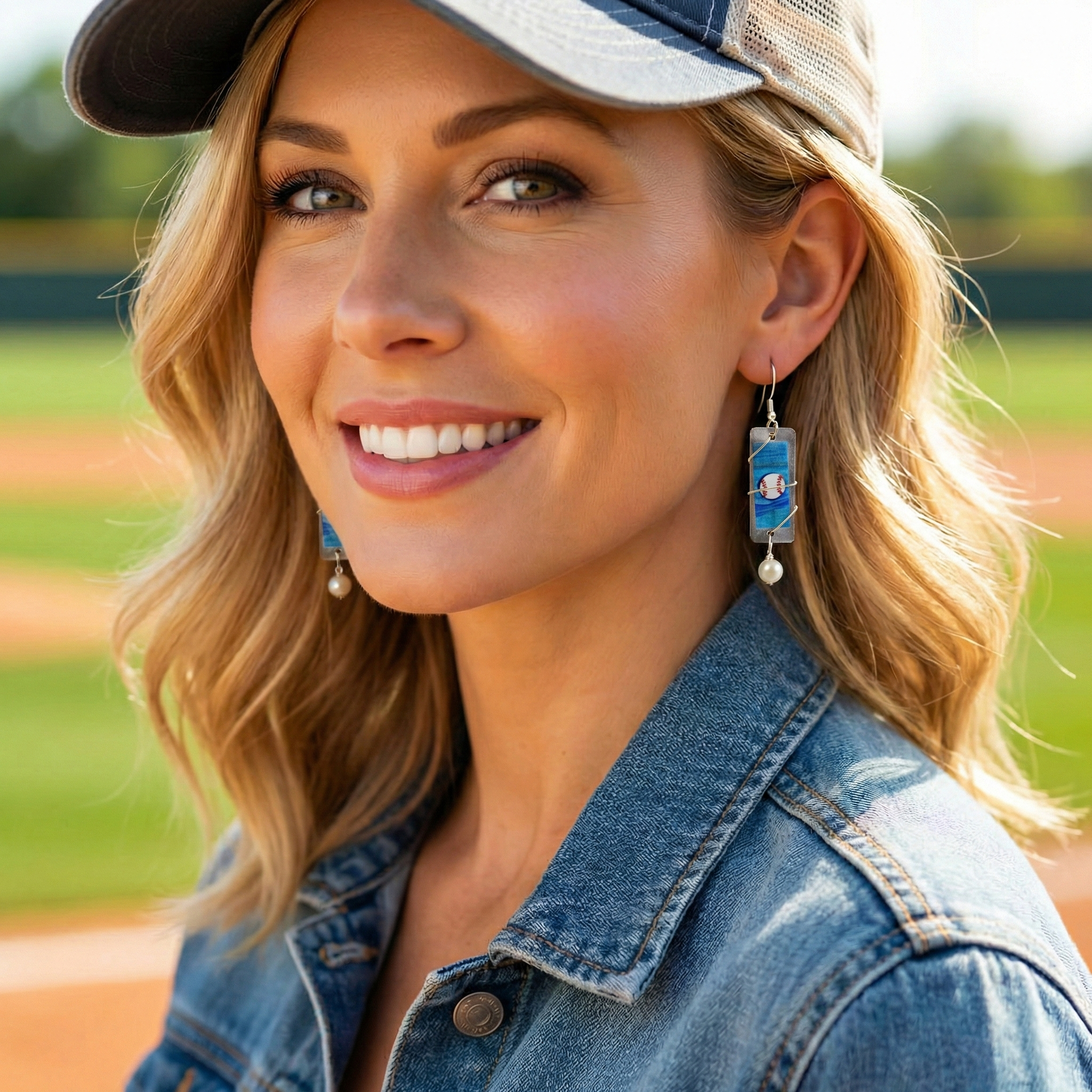 Handmade Baseball Art Dangle Earrings worn by a baseball mom at the ball field