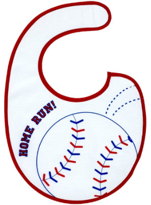 Baby bib with baseball design and 'Home Run!' text on a white background
