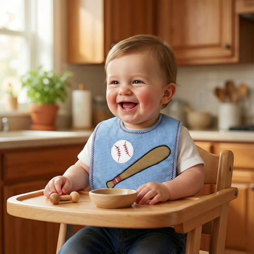 Child in a high chair with a bib featuring a baseball and bat design, in a kitchen setting.